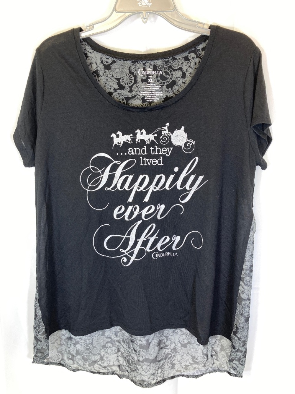 Disney Cinderella Black Shirt Sz XL Short Sleeve Sheer Back Hi Low Ever After